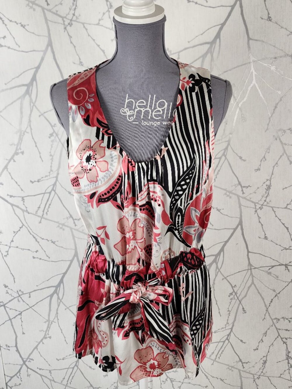 Arianne Pink Artsy Floral Silk Stretch Satin Tie Waist Tank